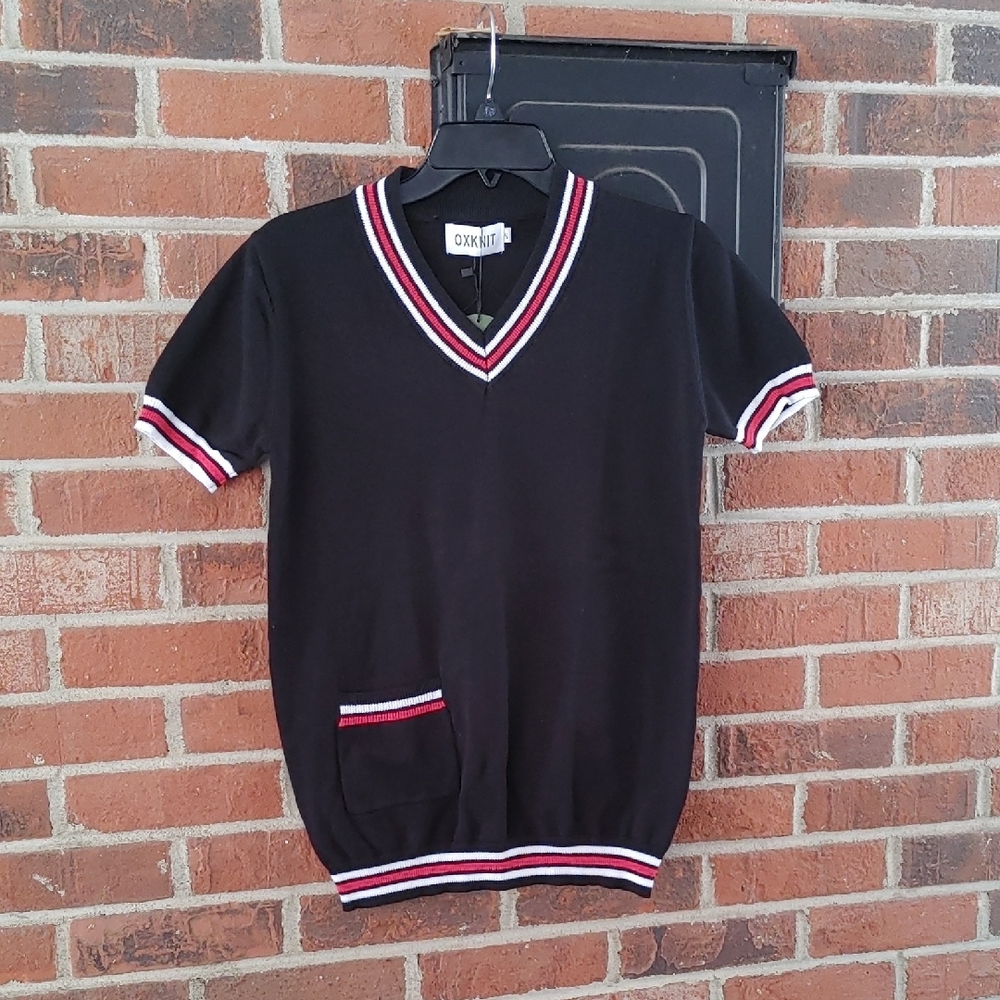 Oxknit Retro Pocket V Neck Short Sleeve Sweater Size S (49)